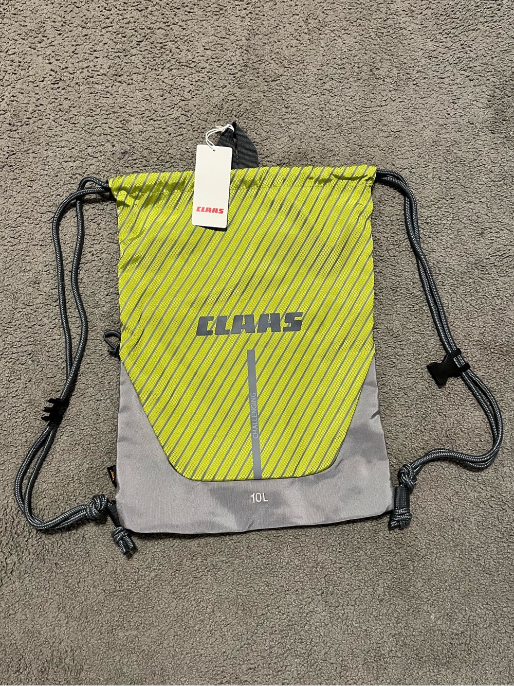 NWT Claas Lime Green and Gray Gym Drawstring Backpack - 10L